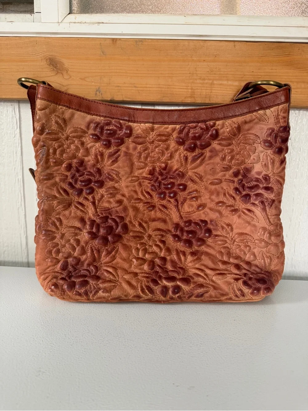 Mo&Co Brown Embossed Leather Floral Shoulder Bag Boho Western Purse